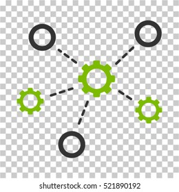 Gears Relations icon. Vector pictograph style is a flat bicolor symbol, eco green and gray colors, chess transparent background. Designed for software and web interface toolbars and menus.