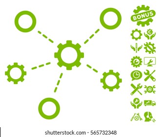 Gears Relations pictograph with bonus settings icon set. Vector illustration style is flat iconic eco green symbols on white background.