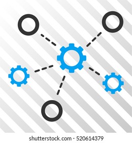 Gears Relations vector pictogram. Illustration style is flat iconic bicolor blue and gray symbol on a hatch transparent background.