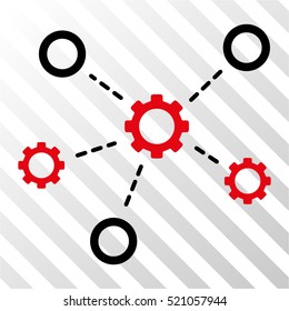 Gears Relations vector pictograph. Illustration style is flat iconic bicolor intensive red and black symbol on a hatched transparent background.