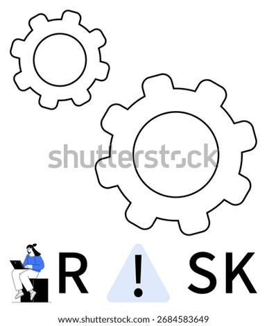 Gears representing processes, person with a laptop symbolizing analytical work, exclamation mark highlighting attention. Ideal for business planning, risk management, process evaluation, data