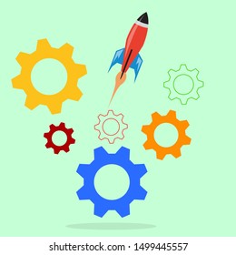 Gears and rocket, Business start up concept with Gears and rocket. Flat design vector illustration, Rocket Template Design Vector, Emblem, Concept Design, Creative Symbol, Icon