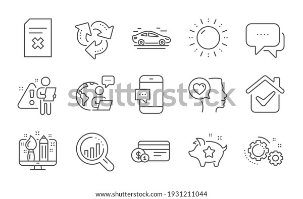 Gears, Romantic talk and\
Loyalty points line icons set. Recycle, Car and Delete file signs.\
Payment method, Sun energy and Creative design symbols. Line icons\
set. Vector