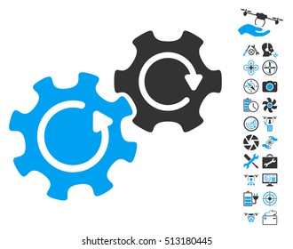Gears Rotation icon with bonus aircopter service pictograms. Vector illustration style is flat iconic blue and gray symbols on white background.