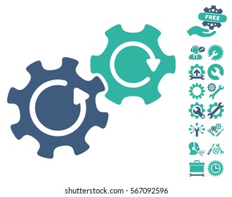 Gears Rotation icon with bonus settings pictograph collection. Vector illustration style is flat iconic cobalt and cyan symbols on white background.