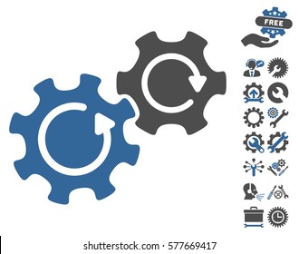 Gears Rotation icon with bonus setup tools pictograph collection. Vector illustration style is flat iconic cobalt and gray symbols on white background.