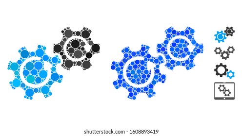 Gears rotation mosaic of round dots in various sizes and color tinges, based on gears rotation icon. Vector round dots are combined into blue illustration.