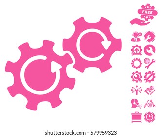 Gears Rotation pictograph with bonus configuration symbols. Vector illustration style is flat iconic pink symbols on white background.