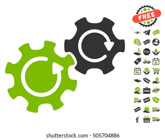 Gears Rotation pictograph with free bonus symbols. Vector illustration style is flat iconic symbols, eco green and gray colors, white background.