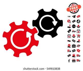 Gears Rotation pictograph with free bonus pictures. Vector illustration style is flat iconic symbols, intensive red and black colors, white background.