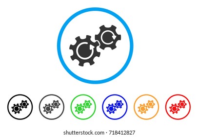 Gears Rotation rounded icon. Style is a flat gears rotation grey symbol inside light blue circle with black, gray, green, blue, red, orange color versions.
