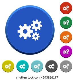 Gears round color beveled buttons with smooth surfaces and flat white icons