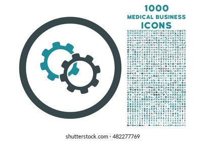 Gears rounded vector bicolor icon with 1000 medical business icons. Set style is flat pictograms, soft blue colors, white background.