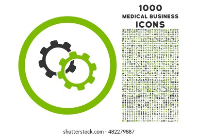 Gears rounded vector bicolor icon with 1000 medical business icons. Set style is flat pictograms, eco green and gray colors, white background.