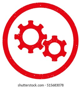 Gears rubber seal stamp watermark. Icon symbol inside circle frame with grunge design and dirty texture. Scratched vector red ink sticker on a white background.