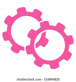 Gears rubber seal stamp watermark. Icon vector symbol with grunge design and dirty texture. Scratched pink ink sign on a white background.