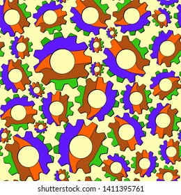 Gears (Сogwheels). Seamless pattern. Funny Gears on yellow background.