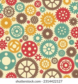 Gears seamless pattern. Machine pattern background. Gears in steampunk style. Color vintage steampunk gears background. Vector illustration.