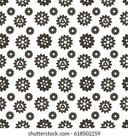 Gears seamless pattern. Vector drawing of factory gear wheels. Mechanical gear. The image of the gear.