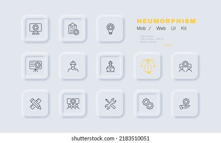 Gears set icon. Computer settings, agreement details, light bulb, presentation, builder in helmet, pencil, ruler, screwdriver, wrench. Business concept. Neomorphism. Vector line icon for Business.