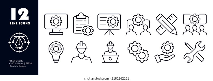 Gears set icon. Management, builder, helmet, computer settings, clipboard, flipchart, analytics, pencil, ruler, light bulb, screwdriver, wrench. Construction concept. Vector line icon for Business.