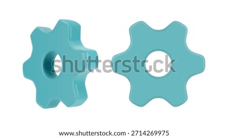 Gears set, isolated factor industry devices side and front view. Vector service settings icons, 3d design technical cogs. Components of mechanical systems. Symbol of mechanism for online app, web user