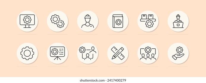 Gears set line icon. Settings, mechanism, book, monitor, manual, markings, pencil, ruler. Pastel color background. Vector line icon for business and advertising