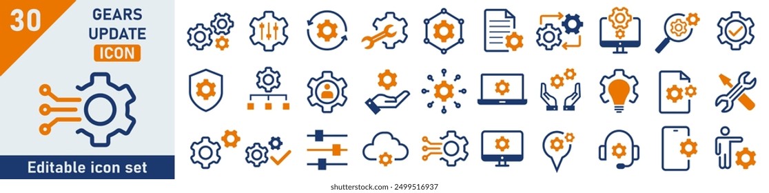 Gears setting icon set. Set of 30 outline icons related to gear, setting, control, update, tool, system. Linear icon collection. Setting outline icons collection. Editable stroke. Vector illustration.