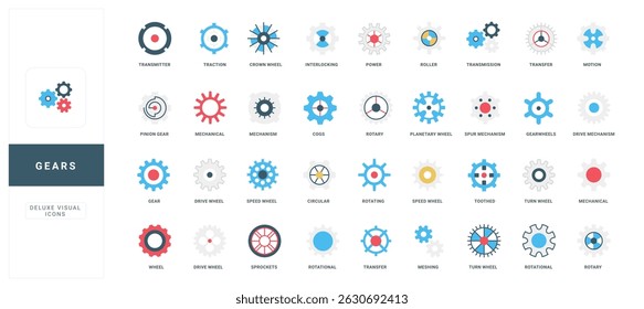 Gears of settings and business progress, mechanical parts of system and clock mechanism color icon set. Different cogwheels and gears in shape of circle, one and group flat vector illustration