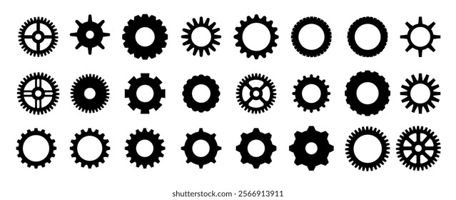 Gears shapes line icons. Flat machine gear icon. Wheel cogwheel vector. Simple outline isolated elements. Black gear.