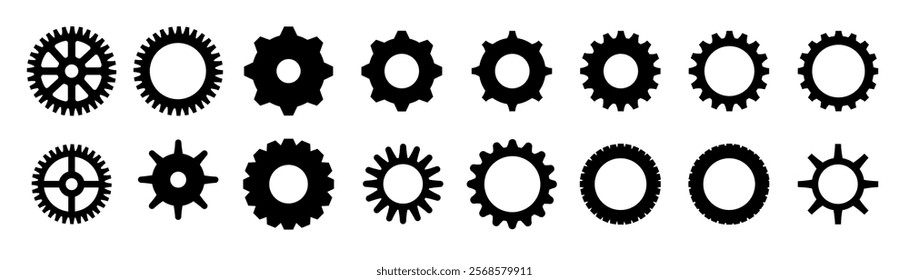Gears shapes line icons. Flat machine gear icon. Wheel cogwheel vector. Simple outline isolated elements. Black gear.