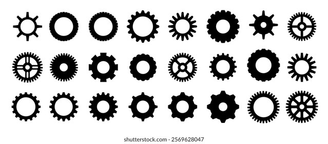 Gears shapes line icons. Flat machine gear icon. Wheel cogwheel vector. Simple outline isolated elements. Black gear.