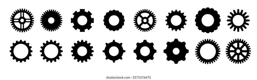 Gears shapes line icons. Flat machine gear icon. Wheel cogwheel vector. Simple outline isolated elements. Black gear.