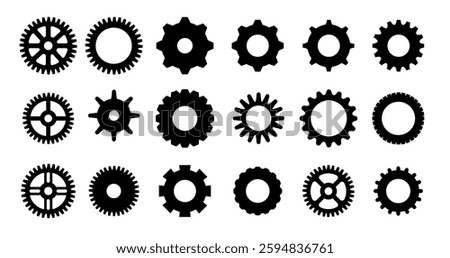 Gears shapes line icons. Flat machine gear icon. Wheel cogwheel vector. Simple outline isolated elements. Black gear.