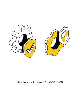 Gears shield support security. Vector 3d isometric, color web icon, new flat style. Creative illustration design, idea for infographics.