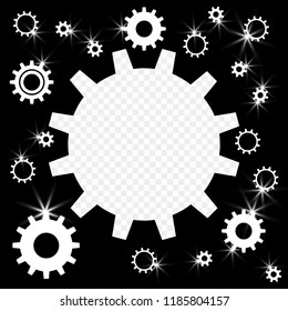 The gears are shiny, silver with highlights on a transparent background. Frame in the form of gears with the possibility of overlay. Vector illustration.