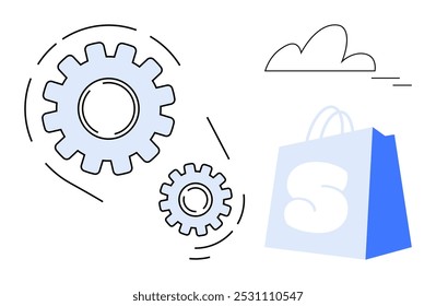 Engrenagens e uma sacola de compras com uma nuvem ao fundo. Ideal para compras on-line, soluções de comércio eletrônico, marketing digital, tecnologia de varejo, automação de negócios. Estilo de vetor simples em tons de azul