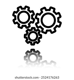Gears simple icon vector. Flat design. Black icon with mirror reflection. White background.ai