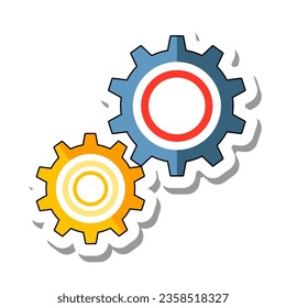 Gears of single mechanism meshed together. Equipment and spare parts for car repair shop concept. Flat paper sticker icon isolated on white background