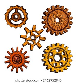 gears steampunk set hand drawn. steam punk, clock metal, isolated cog gears steampunk vector sketch. isolated color illustration