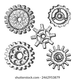 gears steampunk set hand drawn. steam punk, clock metal, isolated cog gears steampunk vector sketch. isolated black illustration