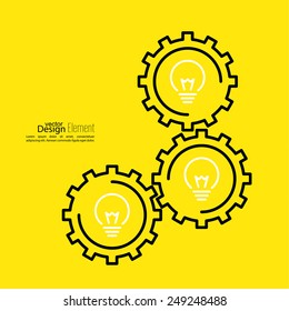 Gears symbol and Bulb light. Concept of motion and mechanics, connection and big ideas inspiration innovation, invention, effective thinking.