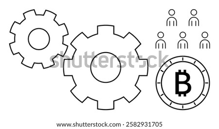 Gears symbolizing teamwork and collaboration, Bitcoin coin representing cryptocurrency, group of people indicating a communal effort. Ideal for finance, technology, teamwork, business strategy