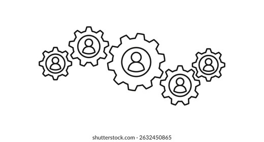 Gears for synergy work of business team, line art. Partnership in organization. Workforce, employee. Collaboration for success results. Vector illustration