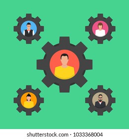 Gears teamwork concept. Business organization and communication. User icons set. Vector illustration.