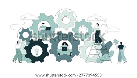 Gears, teamwork. The people on the team turn and push the gears. Interaction, workflow