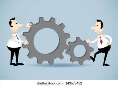 Gears teamwork.Vector illustration on two businessman fitting gears together