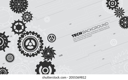 Gears tech background. Conceptual mechanics, gear elements banner. Technology or science, digital circuit design. Cogwheel recent vector illustration