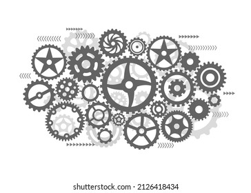 Gears tech background. Engineering computing gear network, communication and teamwork metaphor. Electronic wheels, technology exact vector banner