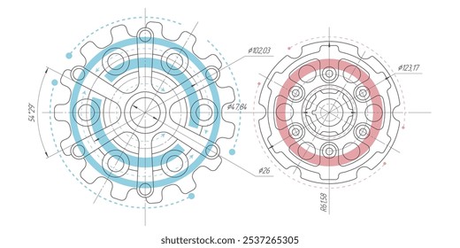 Gears. Technical drawing of gear .Engineering industry.Technology background.Vector illustration .